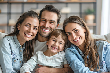 Fototapeta premium A close-knit family of four poses together with radiant smiles in a cozy home setting.