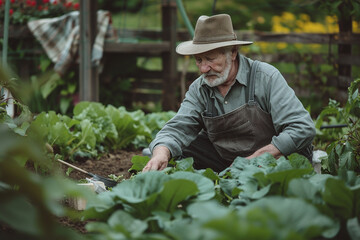 An elderly man tends to his garden, surrounded by lush green plants, exuding dedication.