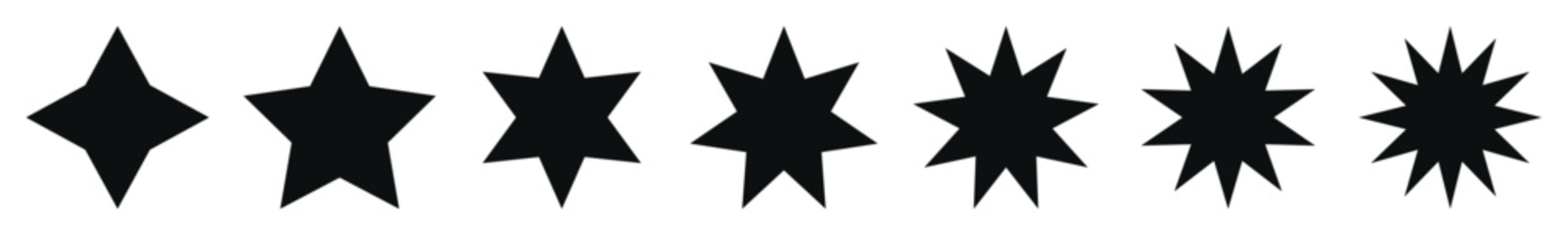 Abstract geometric star shapes vector set with different points. Isolated elements.