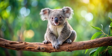 Obraz premium Adorable koala bear cub sitting on a tree branch, koala, bear, cub, wildlife, Australia, marsupial, tree, branch, furry, cute