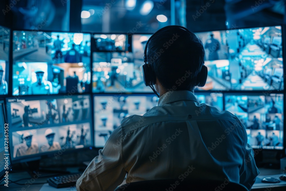Poster through monitors, the security services operator monitors the situation