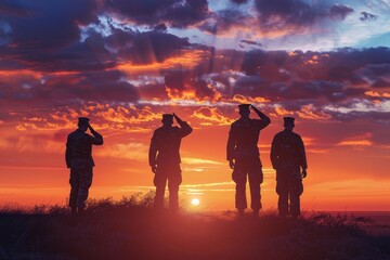 As the US flag and sunset surround the soldiers, they salute