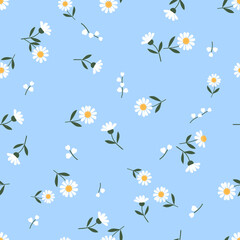 Seamless pattern with lily of the valley and daisy flower on blue background vector. Cute floral print.