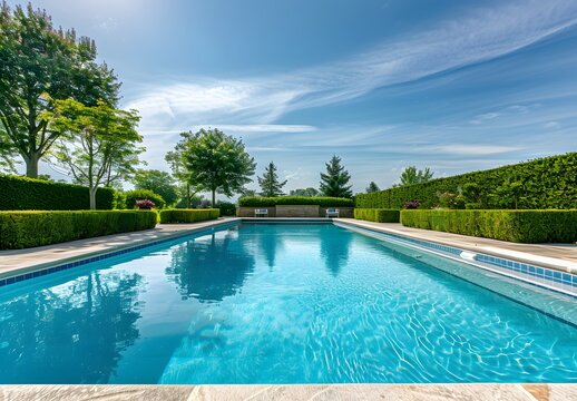 Empty Rectangular Swimming Pool in Lush Garden