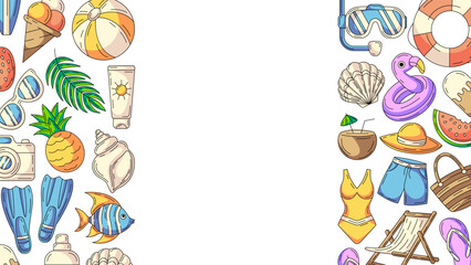 Summer colorful horizontal banner, beach accessories icons. Side borders of frame, copy space, isolated on white. Summertime, holiday and vacation. For poster, flyer, card, invitation, social media