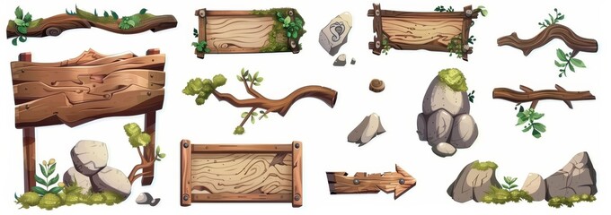 Eco-Friendly GameUI Frame Collection with Wooden and Stone Frames and Lush Greenery