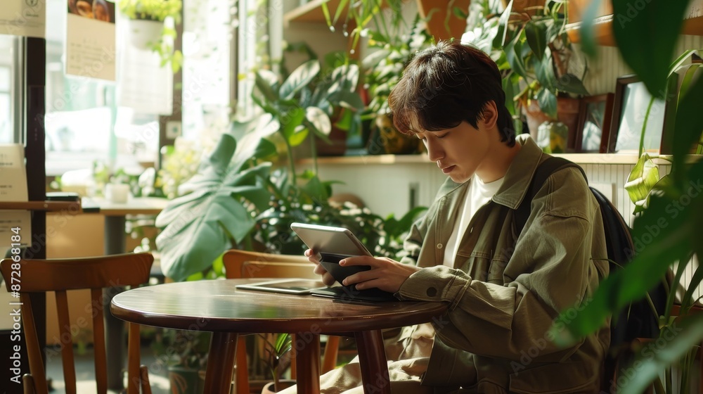 Poster Using modern technology, a student boy using a tablet and mobile phone, selecting colors and a business concept, and a vintage color scheme
