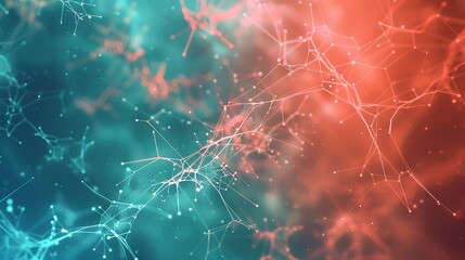 A science presentation template with a bright Plexus background in red and teal, clean and high-quality design