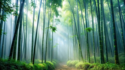 Misty forest scene with bamboo trees, nature, environment, foggy, tranquil, green, lush, trees, serene, mist, peaceful, zen