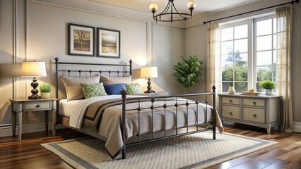 Modern guest bedroom featuring a wrought bed with layered bedding , contemporary, stylish, interior design, cozy, comfort
