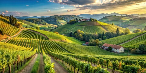 Obraz premium Rolling hills of a European vineyard, with lush grapevines and rustic charm, vineyard, Europe, picturesque, landscape