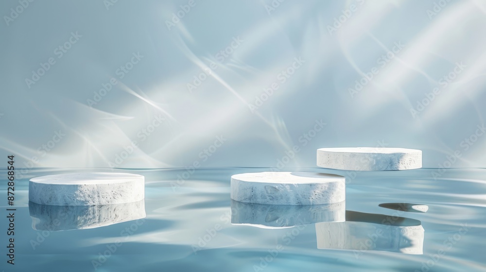 Poster in this flat lay cosmetic mockup, a white circle podium rests on a transparent calm water texture, r