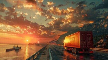 Obraz premium The logistics industry is diverse with background in imports and exports of containers, freight ships, cargo planes, trucks transporting containers from ports to their destinations