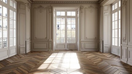 A spacious living room with white walls and laminate flooring with doors leading to a balcony