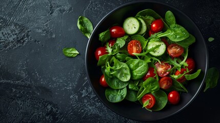Traditionally, salad bowls have a white background with spinach, cherry tomatoes, lettuce, cucumbers, and other vegetables.