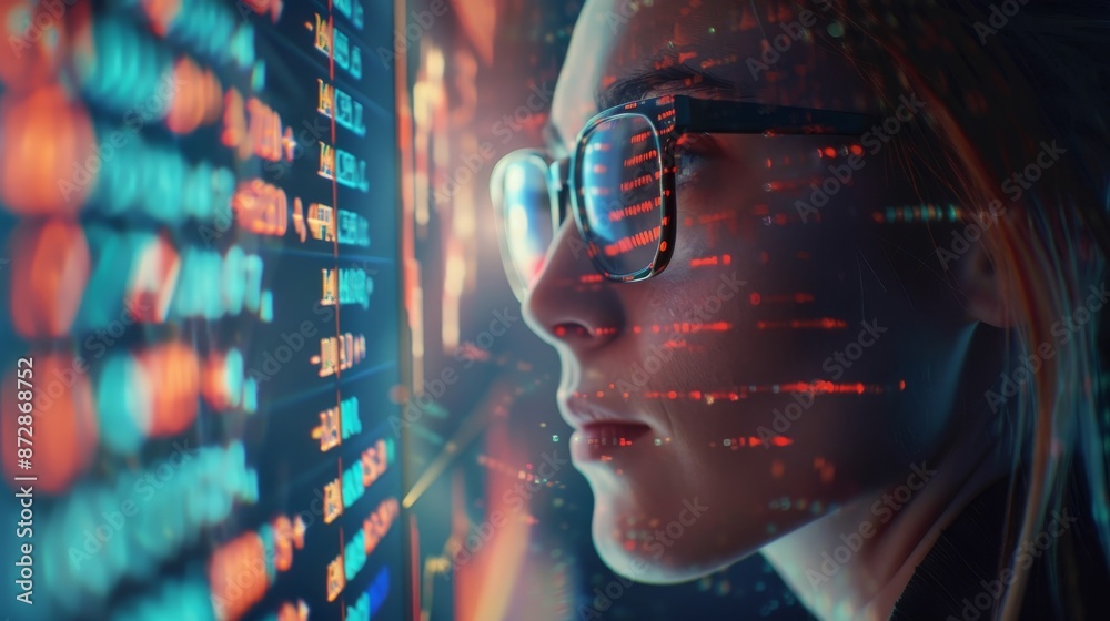 Aufkleber Featuring women in glasses reading HTML scripts, programming, cybersecurity research, and holograms of data.