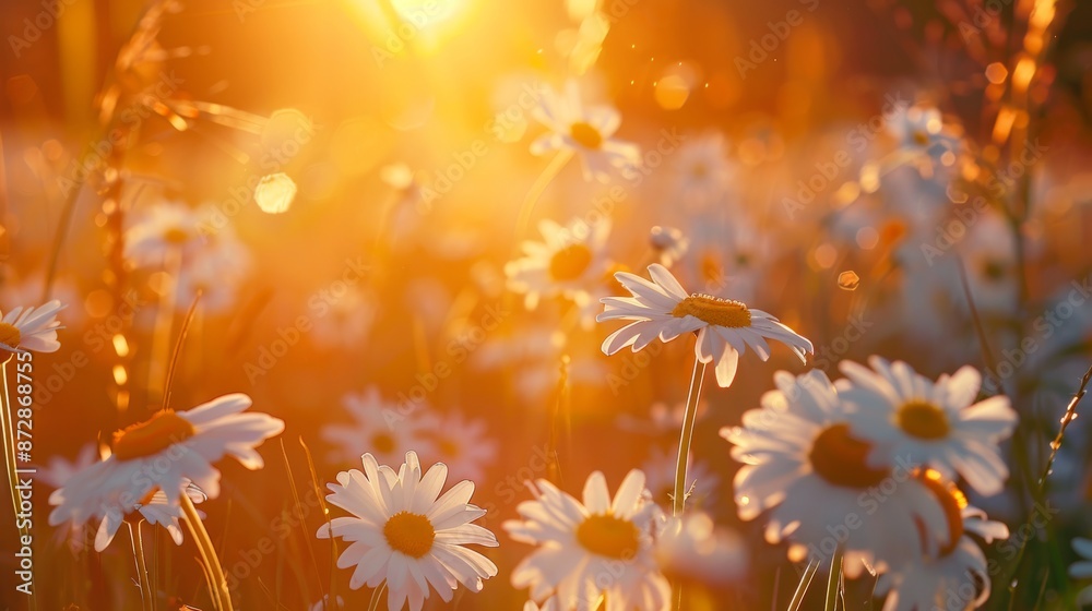 Poster In spring sun, a daisy stands out against a blurred background. A short depth of field and bokeh add a contemporary feeling to the scene. Close-up.