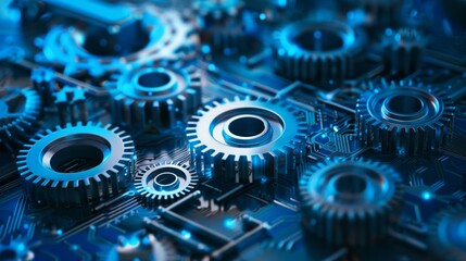 Modern abstract wireframe gear illustration on a dark blue background. Concept for industrial development, engine work, and business solutions.