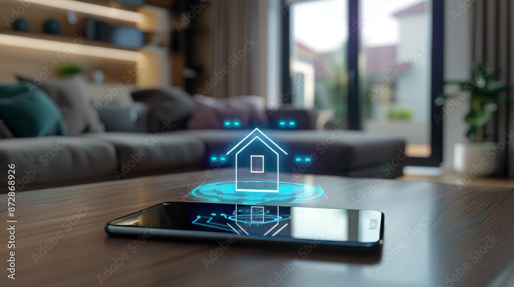 Poster A smartphone with a digital logo stands on IoT icons demonstrating Internet of Things and voice commands.