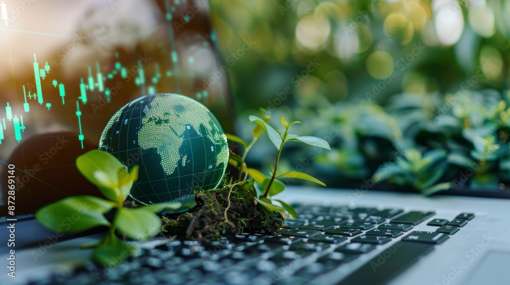 Wall mural There is a green globe on the keyboard with a stock graph on the screen. Green business concept. Carbon efficient technology. Digital sustainability. Future green energy.