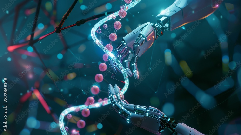 Leinwandbilder Humans and robots are touching DNA through a virtual interface as if they were connecting via a future interface on science, technology and investing.