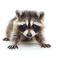 Obraz premium Cute baby raccoon with curious eyes and tiny paws on a white background.