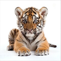 Fototapeta premium Cute baby tiger with stripes and a playful expression on a white background.