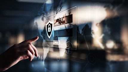 Access window with login and password on virtual screen. Cyber security and personal data protection concept.