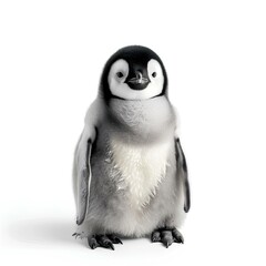 Fototapeta premium Fluffy baby penguin standing on a clean white background. 