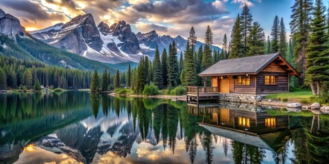 Serene mountain cabin by a lake nestled among pine trees and snow-capped peaks, serene, mountain, cabin, lake