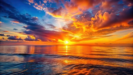 Fototapeta premium Vibrant sunset casting a warm glow over the tranquil sea , sunset, sea, ocean, horizon, sky, dusk, evening, colors, reflection