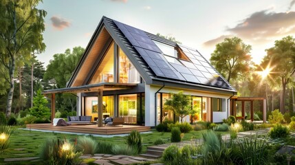 From a skylight window of a solar roof house, a happy family waves. Alternative energy, reducing resources, and leading a sustainable life are two of their values.