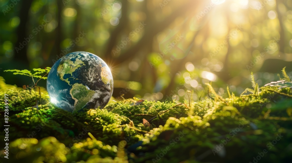 Poster an earth day image shows a green globe surrounded by moss and defocused abstract sunlight