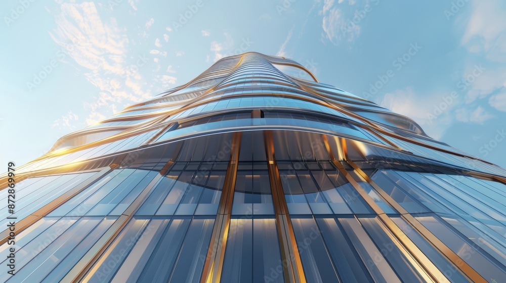 Leinwandbilder the skyscraper of an office building reveals curve glass windows from a low angle, in 3d...