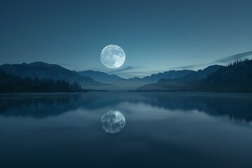 Generate a photo of a beautiful landscape with a lake, mountains, and a full moon. Make the water smooth and reflective, and the sky dark and starry.