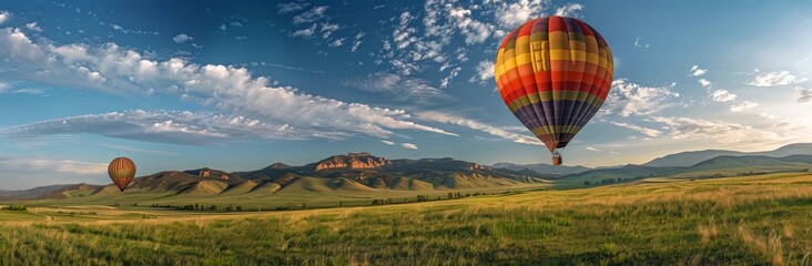 Obraz premium Colorful Hot Air Balloon Soaring Over Green Meadow and Mountains on a Sunny Day