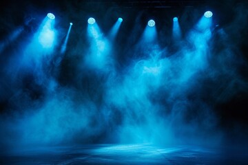 Blue stage light shining through smoke, creating a dramatic atmosphere. Stadium cloudiness projector, Generative, AI generated
