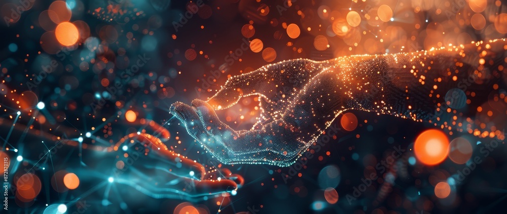 Poster stock and machine learning, human hands touch big data connections, science and stock technology.