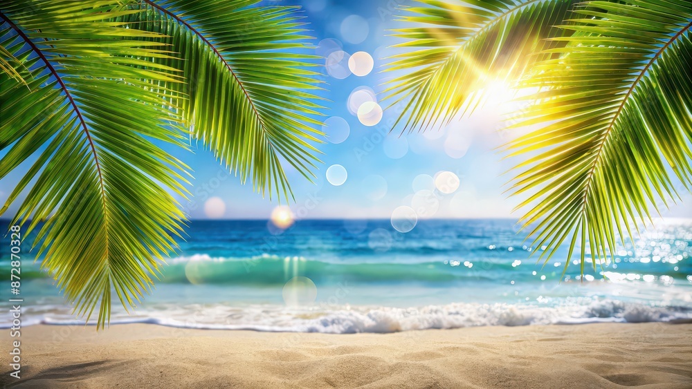 Poster Palm leaves and sandy beach with blurred bokeh against the ocean. Layout of travel and tour offers, palm leaves