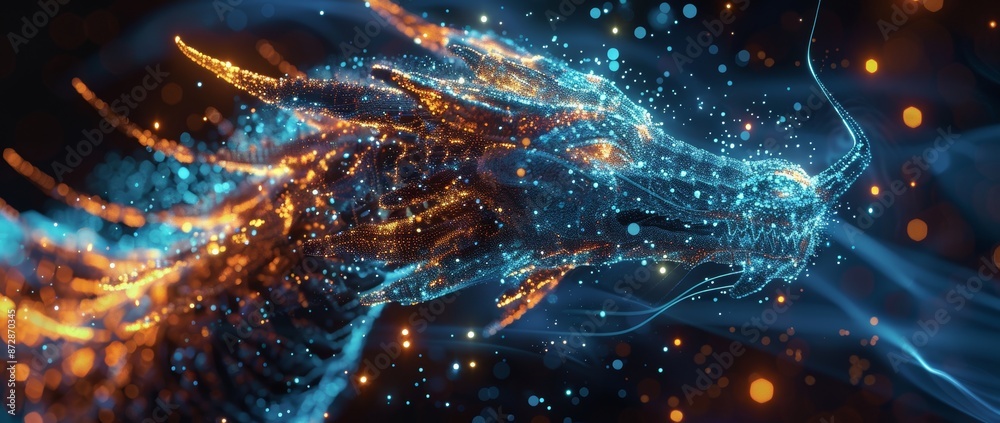 Aufkleber dragon flying on a dark blue background. a technological background for a design related to stock ma