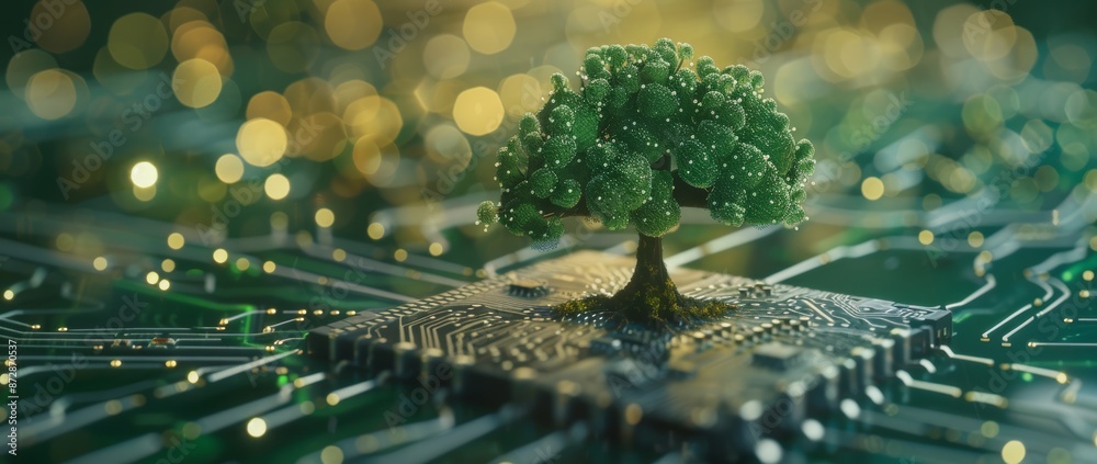 Poster Green Computing, Green Technology, is the concept of a tree with roots growing out of the converging point of a computer circuit board. Blue light and wireframe networks are used in the background.