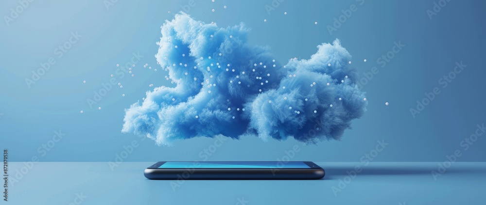 Poster Angular 3D cloud icon on a smartphone screen. Cellphones synchronize data with online cloud storage.