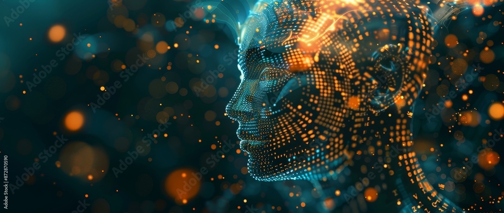 Poster It depicts a humanoid head with an anthropomorphic face analyzing huge amounts of data. The digital brain is learning.