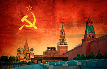 The Moscow Kremlin against the background of the USSR flag. Symbol of socialism, communism and the Soviet Union. Empire of evil. Historical collage.