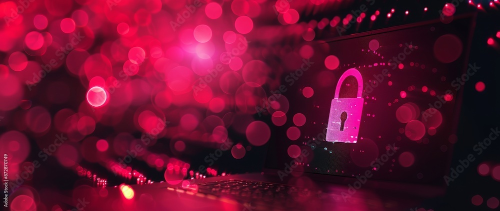Poster Detailed low-poly wireframe illustration of a lock on a laptop screen. Conceptual layout of shapes, lines, and points. Polygonal notebook and lock.