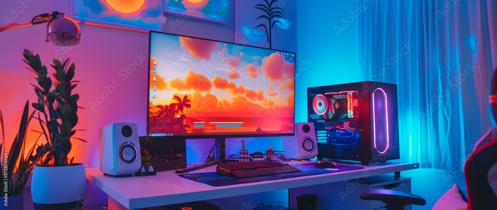 Aufkleber gaming pc with dark screen and keyboard on the desk. gaming pc with neon light. desktop computer wit