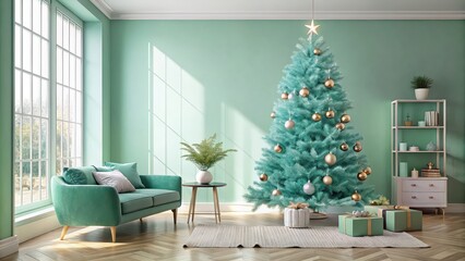 Modern mint Christmas tree room with a sleek design and festive decor, mint, modern, Christmas tree, room, decorations