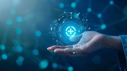 Fototapeta premium A pyramid-like arrangement of medical symbols made of hexagons, with a hand holding the top element. Digital technology in patient care, AI integration in pharmacy operations, futuristic pharmacy