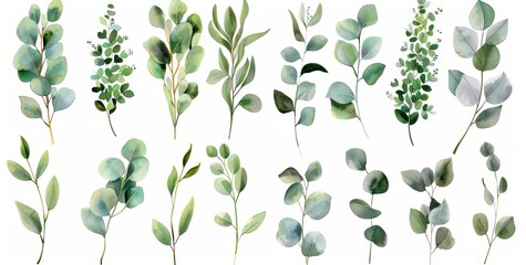 Obraz premium A watercolor floral illustration set featuring green leaf branches. A set of decorative elements in watercolor.