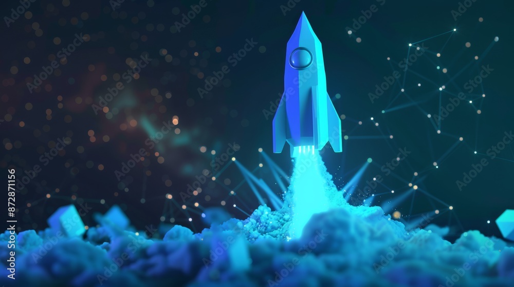 Aufkleber A blue glowing light bulb rocket launch on a wireframe light connection structure. This illustration combines a low poly style design and an abstract geometric background for a modern 3D graphic.